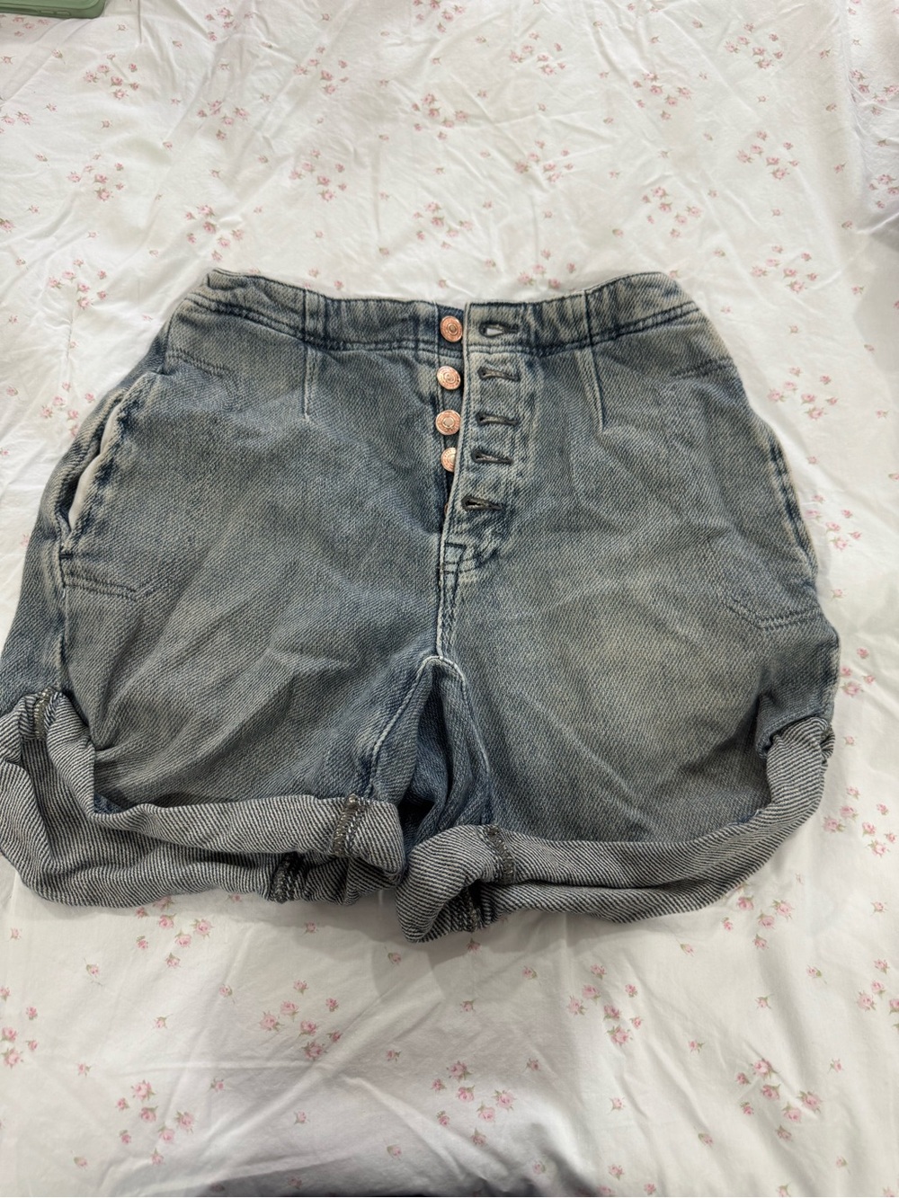 We The Free Washed Gray Button-Front Denim Shorts